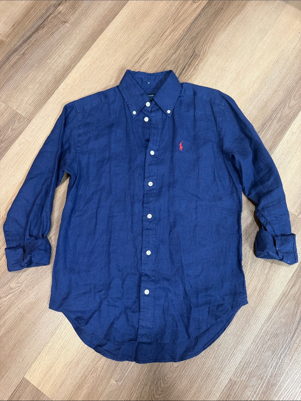 Ralph Lauren 100% Linen Royal Blue Button Down Long Sleeve Shirt Size XS